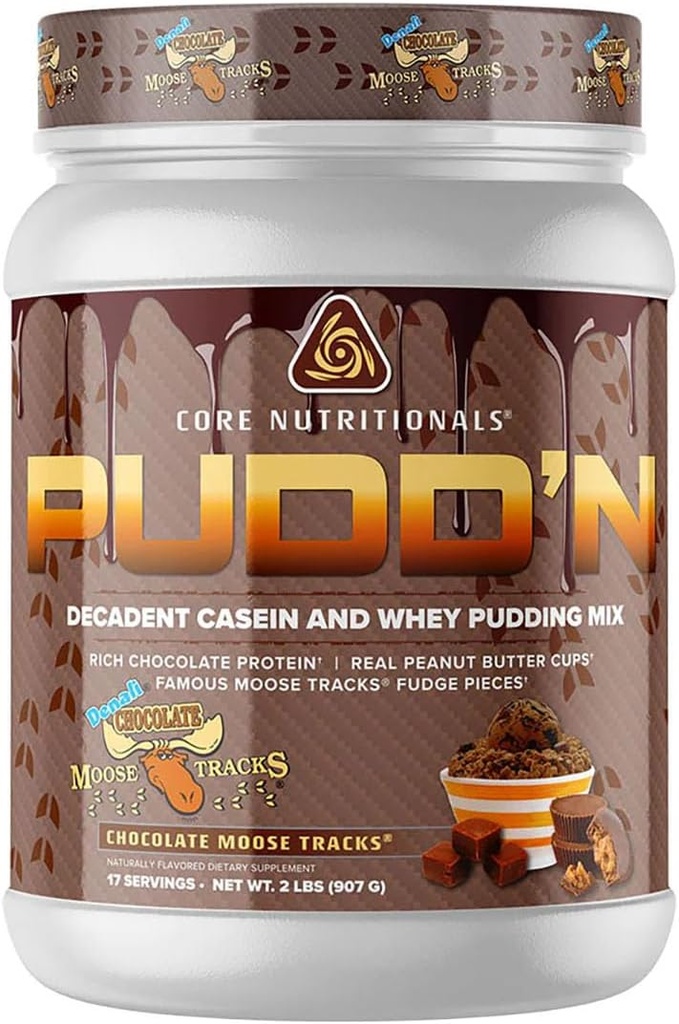 Core Nutritionals Pud'n, Decadent Protein Pudding Mix, Πλήρης Αποκάλυψη Casein Blend, Παρατεταμένη κυκλοφορία, 20G Protein, 17 μερίδες (Chocolate Moose Tracks, 2 lb)
