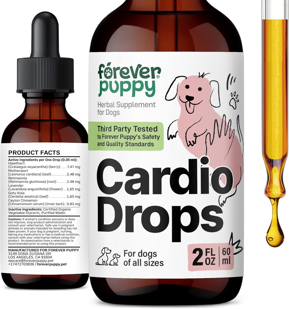 Forever Puppy Cardio σταγόνες για σκύλους - Hawthorn Berry & Motherwort Herb - Υγρό συμπλήρωμα αντιοξειδωτικών με φύλλα Gotu Kola & εκχύλισμα λεβάντας - 2 fl oz