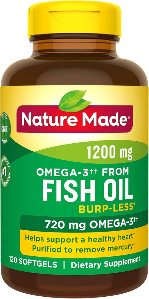 Burp-Less ιχθυέλαιο 1200 mg μία ανά ημέρα, 120 Softgels, Fish Oil Omega 3 συμπλήρωμα για την υγεία της καρδιάς