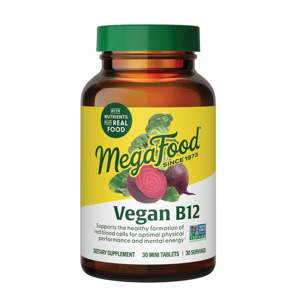 MegaFood Vegan Βιταμίνη Β12, Συμπλήρωμα βιταμίνης Β με Βιταμίνη Β6, Β12 Βιταμίνες και Φολικό οξύ, Υποστηρίζει την παραγωγή κυτταρικής ενέργειας, την υγεία του νευρικού συστήματος & την καρδιαγγειακή λειτουργία - 30 δισκία