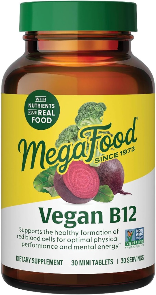 MegaFood Vegan Vitamin B12, Vitamin B Supplement with Vitamin B6, B12 Vitamins, and Folic Acid, Supports Cellular Energy Production, Nervous System Health & Cardiovascular Function - 30 Tablets