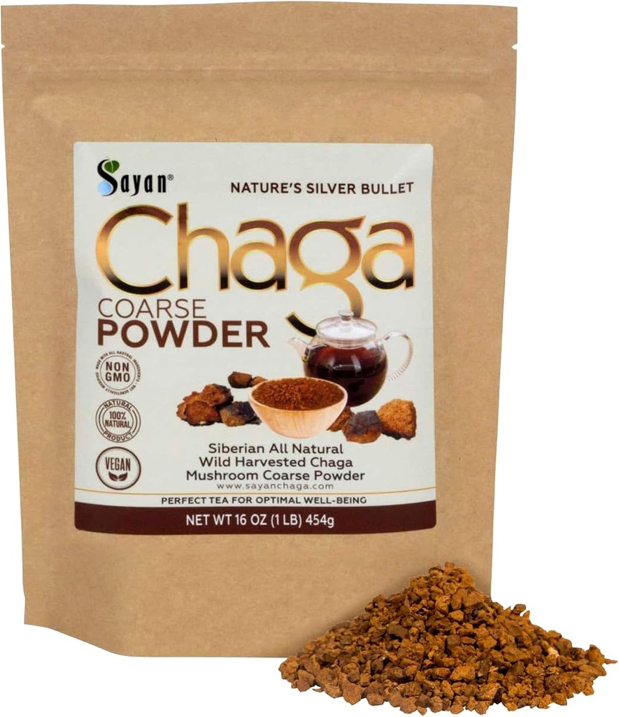 Sayan Siberian Pure Raw Coarse Chaga Powder 1lb / 454g – Premium Wild Forest Harved Super Antioxidant Tea – Υποστηρίζει το ανοσοποιητικό σύστημα και Digestive Health – Focus, Energy, Clarity, Wellness - Μη ΓΤΟ