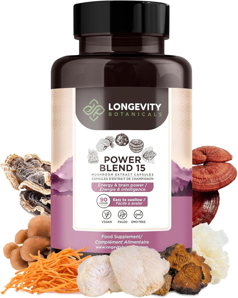 Power 15 Mushroom Blend Capsules Supplement (90) | High Strength Extract Complex | With Lions Mane, Turkey Tail, Cordyceps, Reishi, Chaga & Tremella | 20% Beta-D Glucans | Immunity & Vitality Support