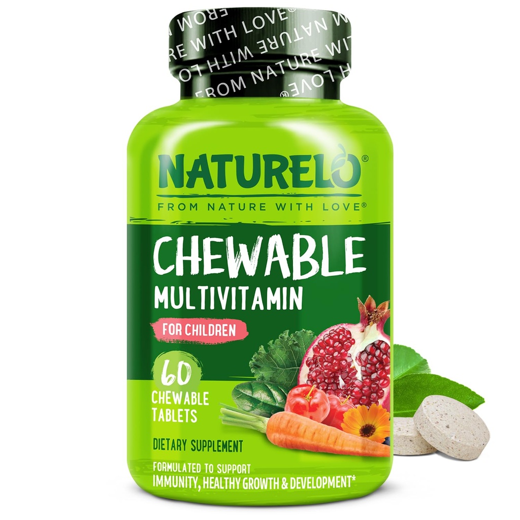 NATURELO Μασώμενη Βιταμίνη για Παιδιά Πολυβιταμίνη με Ολόκληρα Τρόφιμα Βιολογικό Μείγμα Φρούτων - 60 Δισκία για Παιδιά