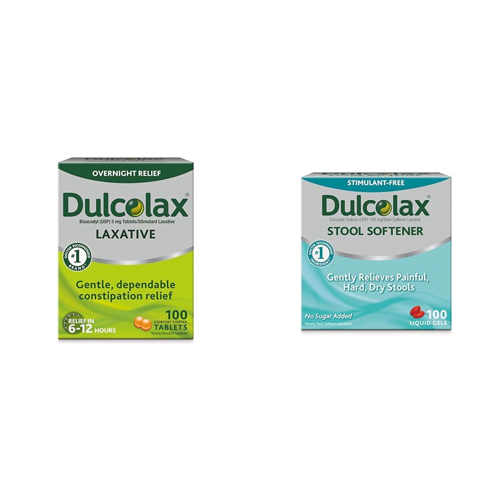 Dulcolax Διεγερτικά Laxative Tablets (100 Count) Απαλή Διανυκτέρευση Δυσκοιλιότητα Ανακούφιση, Βισακοδύλη 5mg & Αποσκληρυντικό Αποσκληρυντικό Υγρού Gel Κάψουλες (100ct) για Απαλή Ανακούφιση, Δοκονικό Νάτριο 100mg