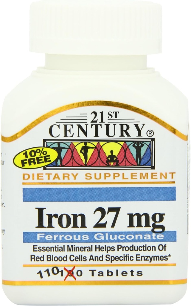 21ος αιώνας Iron 27 Mg Ferrous Gluconate δισκία, 110 κόμης (πακέτο του 2)