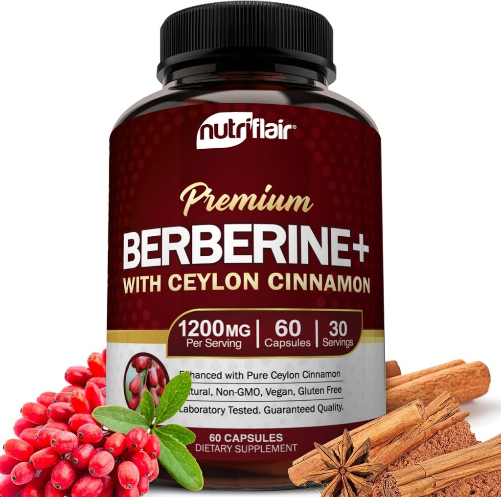 NutriFlair Premium Berberine HCL 1200mg, 60 κάψουλες - Plus καθαρή κανέλα, συμπληρώματα χάπια, υποστήριξη ανοσοποιητικού συστήματος