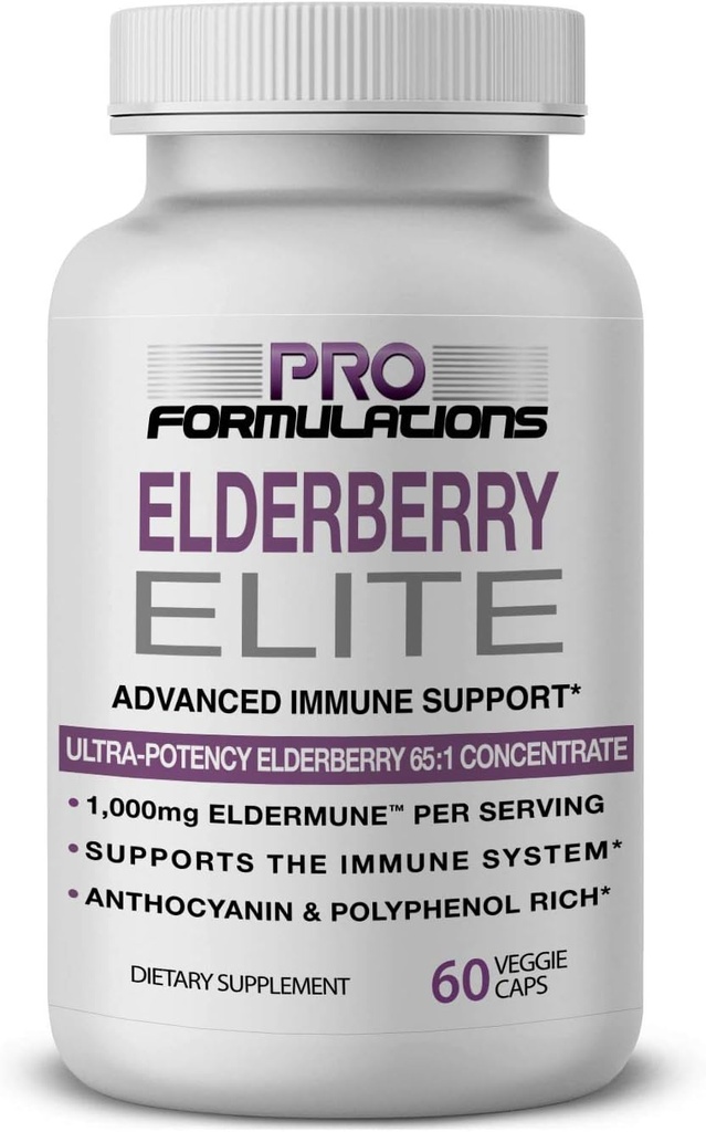 Pro Formulations — Elite Elderberry — Strongest Available Elderberry Extract 65:1 — Advanced Immune Support Capsules - 60 ct — 1.000 mg ανά υπηρεσία — Χορτοφαγικά, Χωρίς Τεχνητά Χρώματα ή Γεύσεις