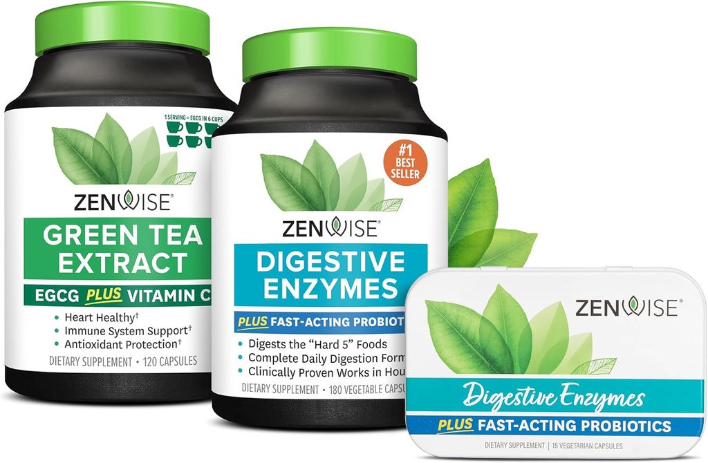 Zenwise Υγεία Digestive Ένζυμα, πράσινο εκχύλισμα τσαγιού, και δωρεάν ταξιδιωτικό κασσίτερο