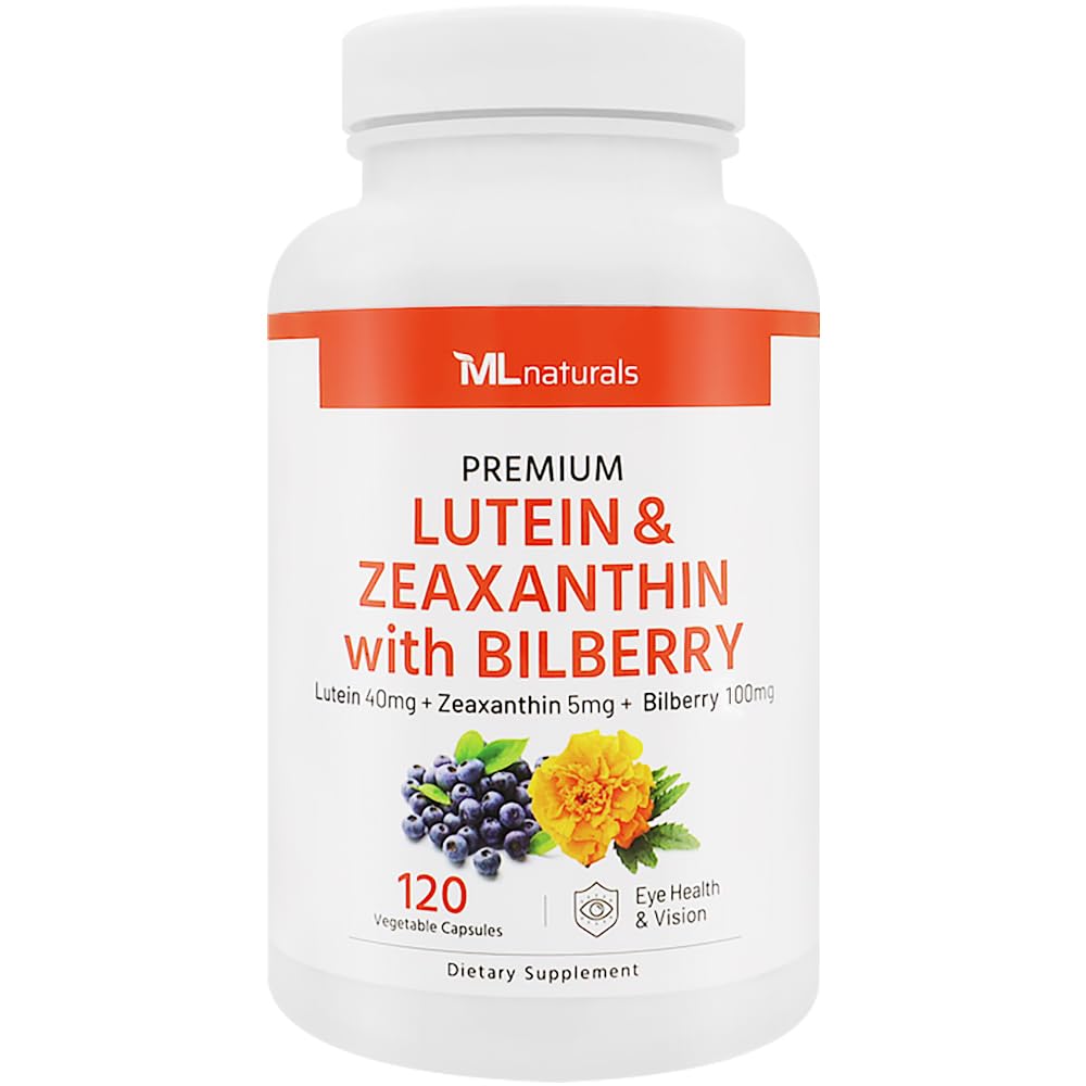 ML Naturals Premium Lutein & Zeaxanthin με Bilberry 120 κάψουλες λαχανικών. Lutein 40 mg, Zeaxanthin 5 mg και Bilberry 100 mg. Premium ποιότητα. Healthy Eyes & Vision, NSF-Certified & cGMP- Compliant