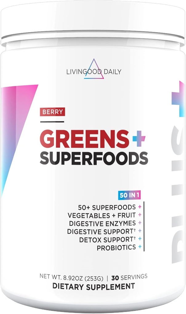Livingood Daily Greens & Superfood Powder, Super Greens for Gut Health, Green Juice Powder with Spirulina, Chlorella, and Digestive Enzymes, Probiotics for Digestive Support, Berry, 30 Υπηρεσίες