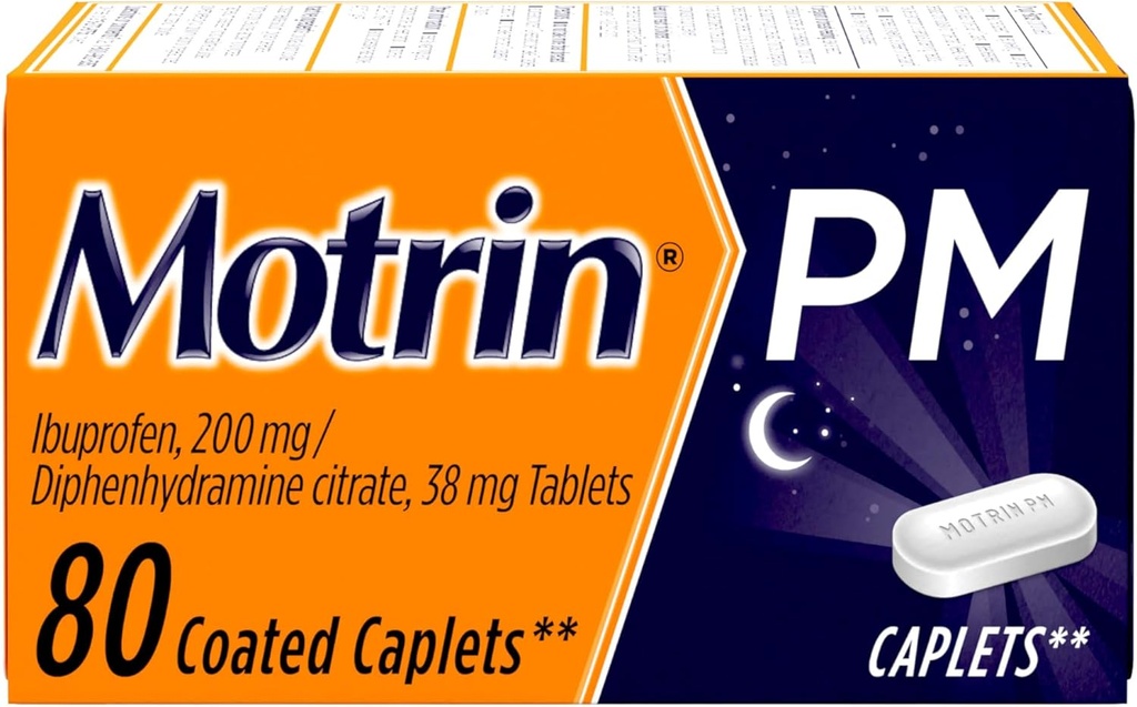 Motrin PM Caplets με 200 mg Ibuprofen & 38 mg Diphenhydramine Sleep Aid, Nighttime Pain Reliever για μικρούς πόνους & πόνους, χύμα, 80 ct