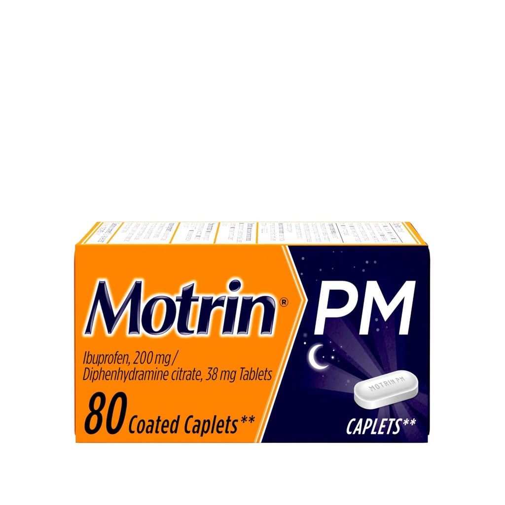 Motrin PM Caplets with 200 mg Ibuprofen & 38 mg Diphenhydramine Sleep Aid, Nighttime Pain Reliever for Minor Aches & Pains, Bulk, 80 ct