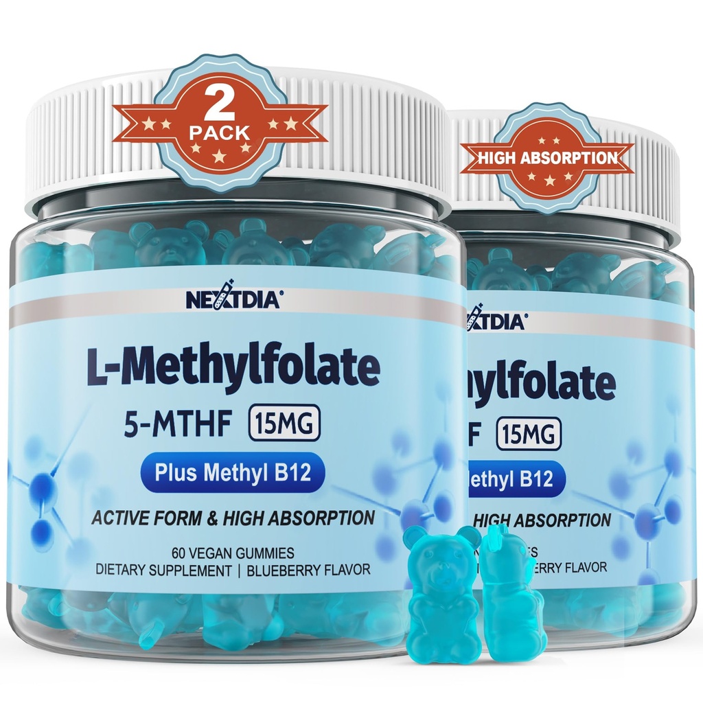 L-methylFolate 15mg & methyl B12 Gummies, μεθυλιωμένες B1, B2, B6 Πολυβιταμίνες - Ενεργές 5-MTHF & Υψηλή απορρόφηση - Υποστηρίζει MTHFR Gene, Cognition, Homocysteine επίπεδα, Folate Μεταβολισμός, Vegan, 120 Cts