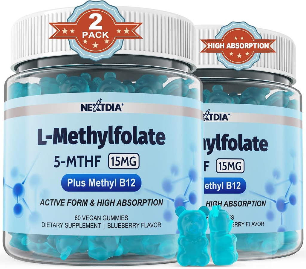 L-methylFolate 15mg & methyl B12 Gummies, μεθυλιωμένες B1, B2, B6 Πολυβιταμίνες - Ενεργές 5-MTHF & Υψηλή απορρόφηση - Υποστηρίζει MTHFR Gene, Cognition, Homocysteine επίπεδα, Folate Μεταβολισμός, Vegan, 120 Cts