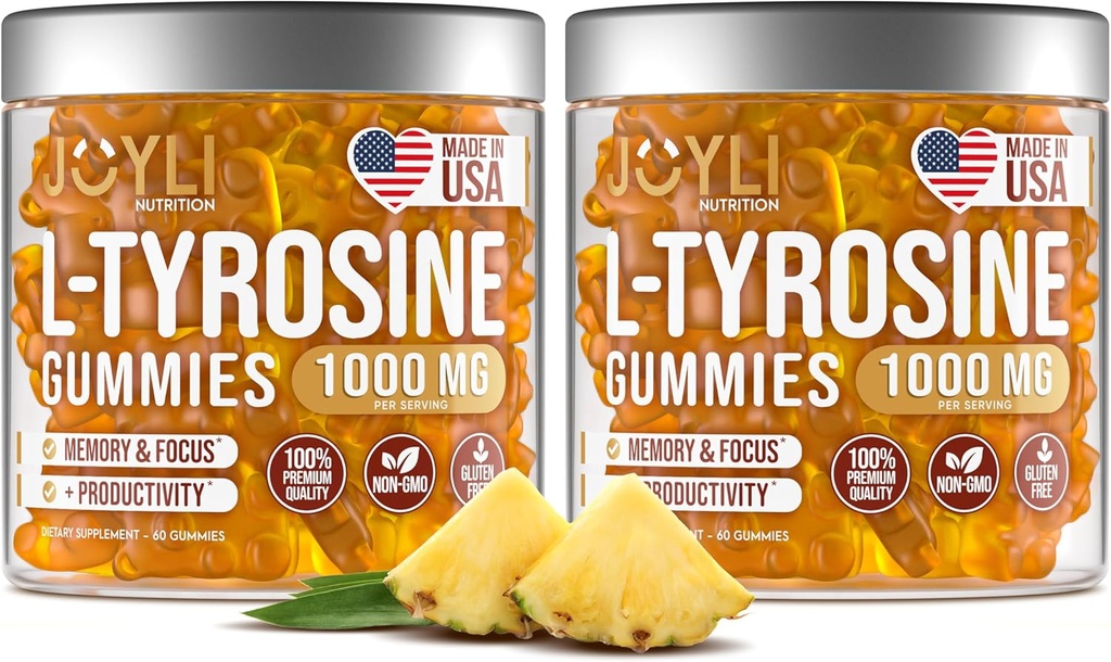 2 Pack - JOYLI L-Tyrosine Gummies 1000MG – Χωρίς ζάχαρη Vegan Focus συμπλήρωμα & Mood Υποστήριξη για Παιδιά & Ενήλικες – 500mg ανά gummy – Όμηροι ύπνου για Μνήμη, Ενέργεια & Ευεξία – 60 τεμάχια ανά συσκευασία