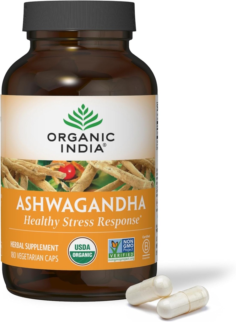 ORGANIC INDIA Ashwagandha Κάψουλες - Βιολογικό συμπλήρωμα Ashwagandha - Vegan Ashwagandha Root, χωρίς γλουτένη, Kosher, μη ΓΤΟ, υποστηρίζει ανακούφιση από το άγχος, την ενέργεια, και τον ύπνο - 180 κάψουλες