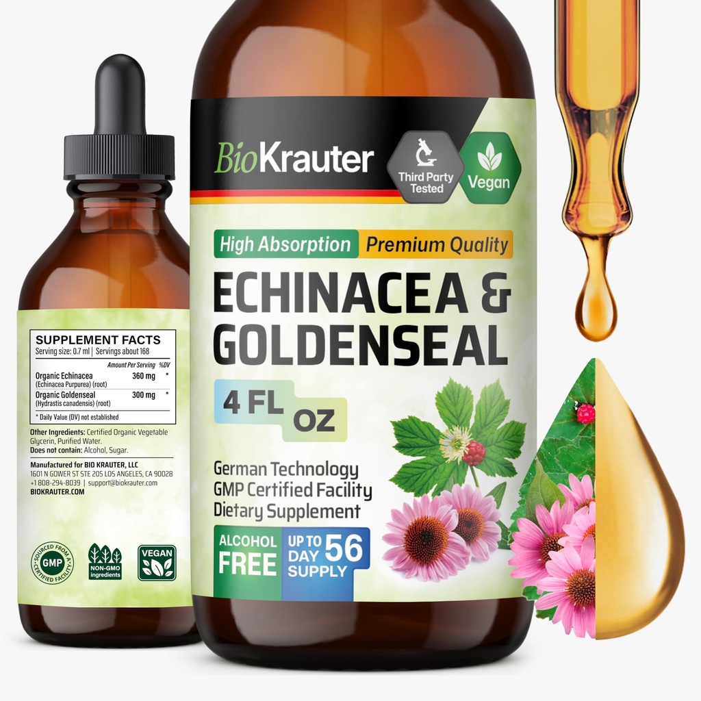 BIO KRAUTER Echinacea και Goldenseal Root Liquid Extract - Φυσική Ανοσολογική Υποστήριξη - Echinacea Drops with Goldenseal - Vegan, Αλκοόλ & Ζάχαρη Δωρεάν Βάμμα - 4 Fl.Oz.