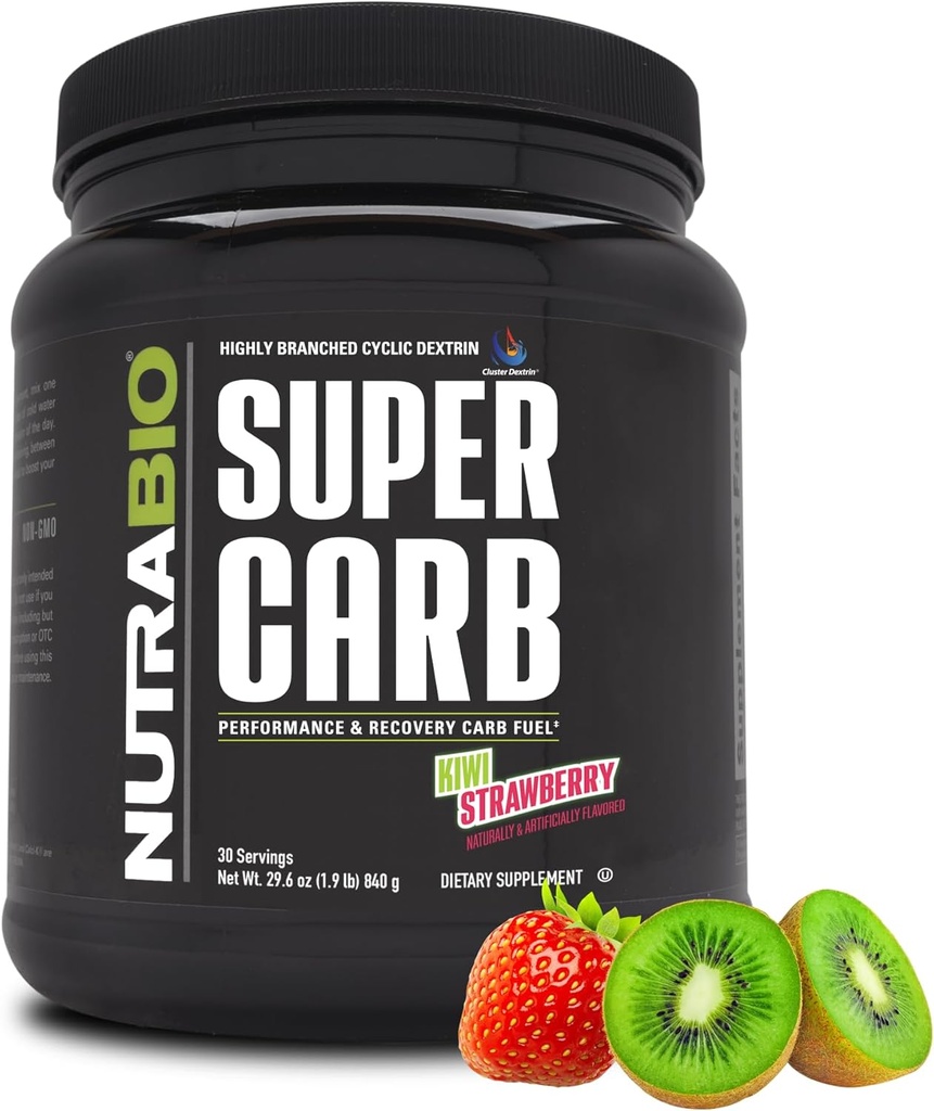 NutraBio Super Carb, Carbohydrate Powder with Cluster Dextrin & Electrolytes, Advanced Carb Suppowder for Processing Fuel, Performance, and Muscle Recovery, Κυκλικό Dextrin, Kiwi Strawberry, 30 Sv