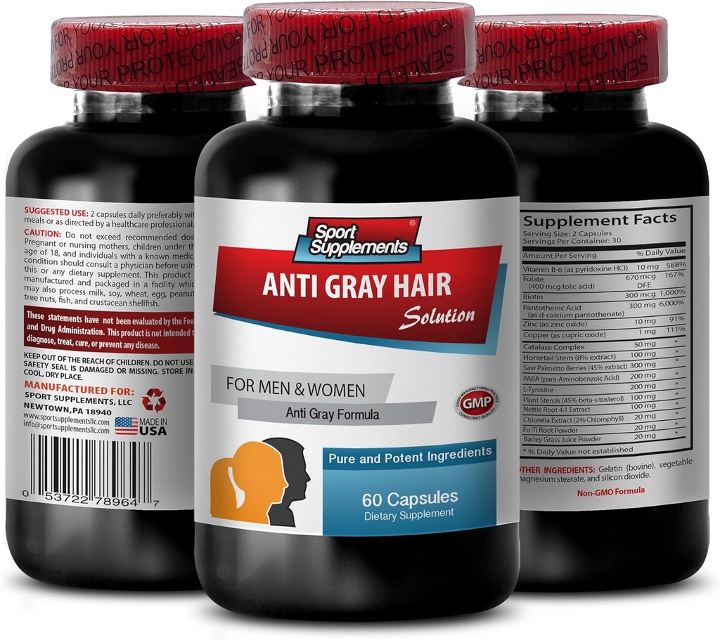 Καταλάση Complex Αντι-γκρι χάπια μαλλιών - ΑΝΤΙ-GRAY HAIR SOLUTION - Ισχυρό αντιοξειδωτικό για την ανάπτυξη των μαλλιών, Διατήρηση φυσικό χρώμα μαλλιών, την πρόληψη του γκρι, Βασικά θρεπτικά συστατικά, 1 μπουκάλι, 60 κάψουλες