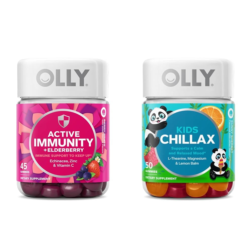 OLLY Gummy Active Immunity+Elderberry, 45 Gummies Kids Chillax, Magnesium Gummies, Lemon Balm, Calm Chews for Kids 4+, 50 Count