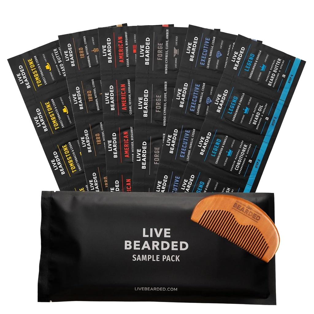 Live Bearded Beard Oil and Butter Grooming Kit Sample Pack with Comb, Bonus Gift - All-Natural Ingredients Shea, Argan, Jojoba - Growth Support - Made in the USA