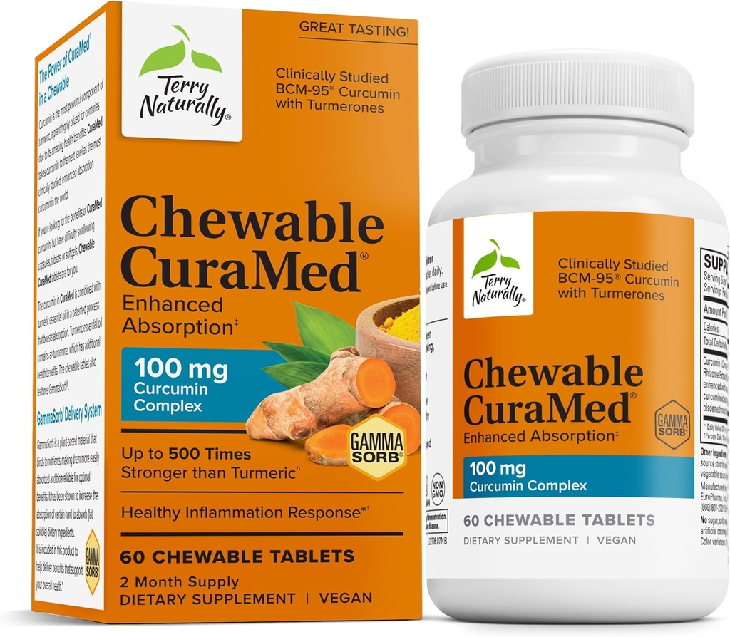 Terry Φυσικά CuraMed 100 mg Curcumin Complex - Ενισχυμένη απορρόφηση συμπλήρωμα κουρκουμίνης με Turmeric - Brain & Liver Health Supplement - Vegan Dietary Supplement - 60 Μασώμενα δισκία