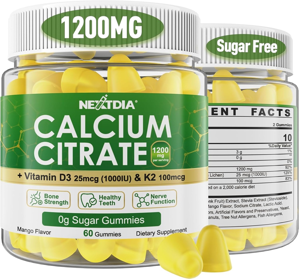 Citrate Gummies Ασβέστιο 1200mg με βιταμίνη D3 K2, Μασώμενα συμπληρώματα ασβεστίου για γυναίκες και άνδρες, Υποστήριξη υψηλής ισχύος B0ne, Te*th, Δύναμη & Ανοσολογική Υγεία, Mango Γεύση, Μη-GMO, Χωρίς ζάχαρη, 120 Cts