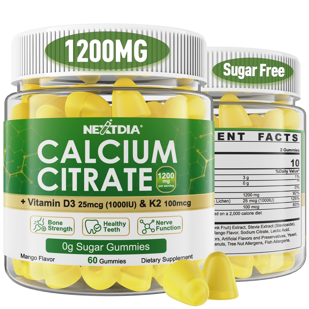 Citrate Gummies Ασβέστιο 1200mg με βιταμίνη D3 K2, Μασώμενα συμπληρώματα ασβεστίου για γυναίκες και άνδρες, Υποστήριξη υψηλής ισχύος B0ne, Te*th, Δύναμη & Ανοσολογική Υγεία, Mango Γεύση, Μη-GMO, Χωρίς ζάχαρη, 120 Cts