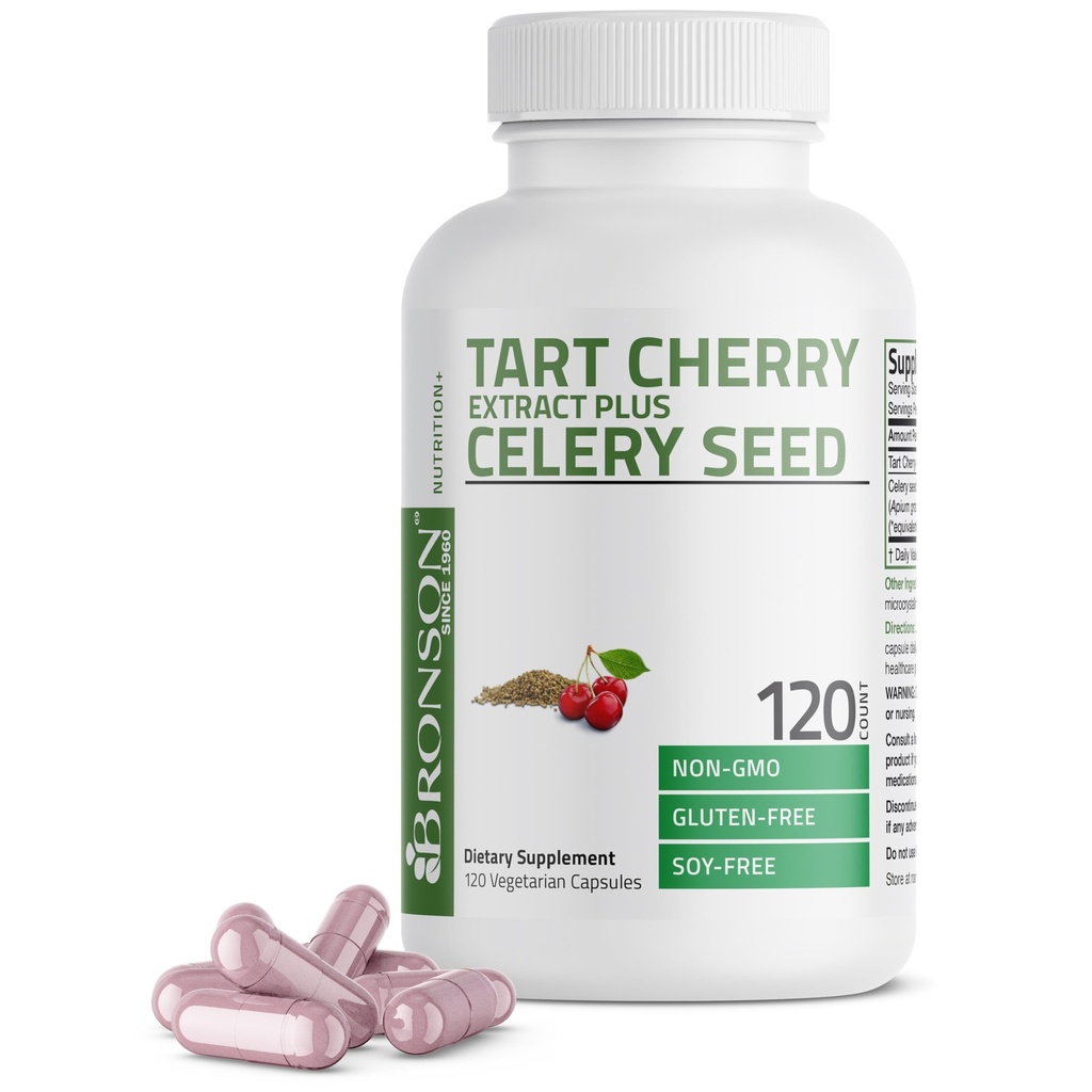 Bronson Tart Cherry Extract + κάψουλες σπόρων σέλινου - Ισχυρός καθαρισμός ουρικού οξέος, κοινή υποστήριξη κινητικότητας και συμπλήρωμα αποκατάστασης μυών - μη GMO Formula, 120 κάψουλες χορτοφάγων