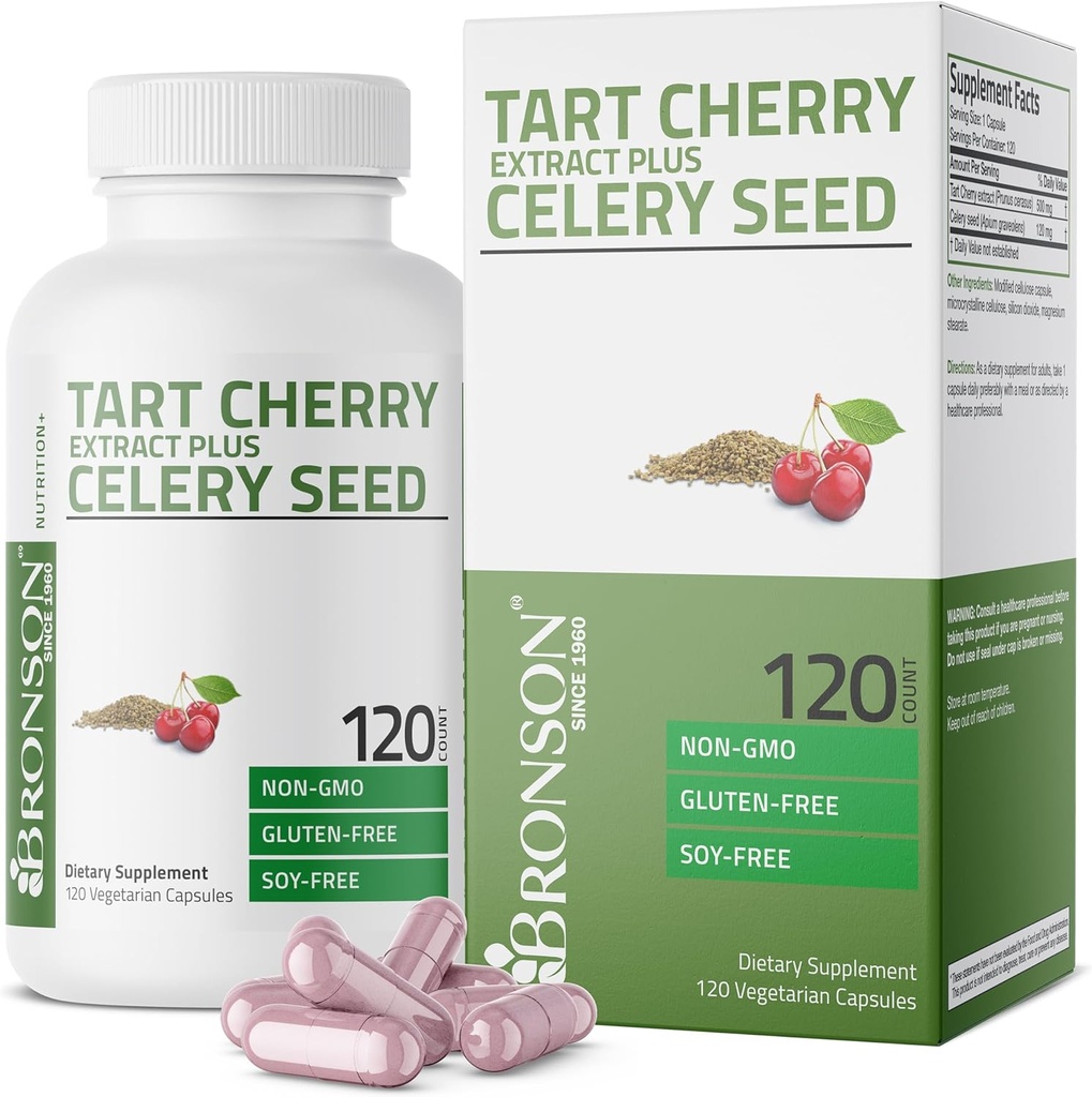 Bronson Tart Cherry Extract + Celery Seed Capsules - Powerful Uric Acid Cleanse, Joint Mobility Support & Muscle Recovery Supplement - Non GMO Formula, 120 Vegetarian Capsules