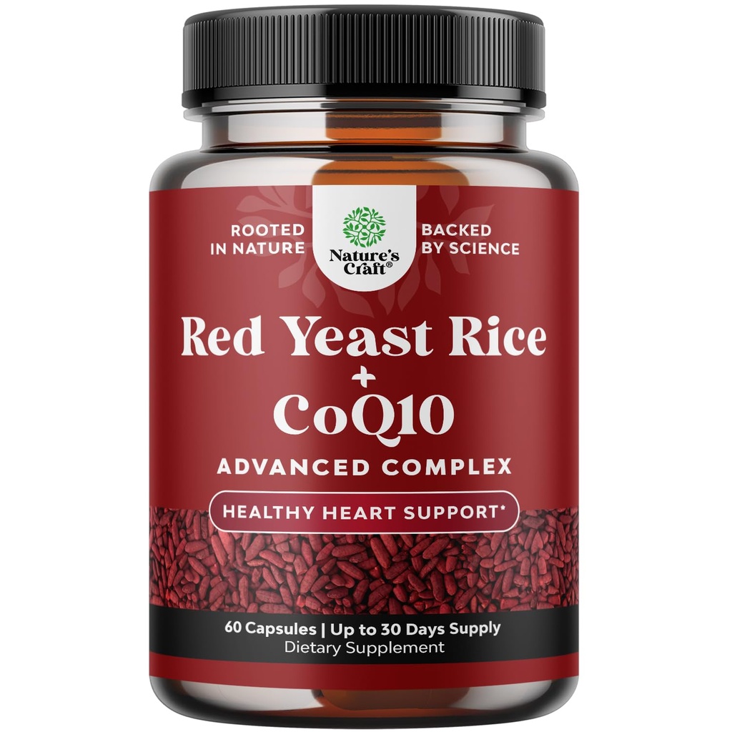Red Yeast Rice with CoQ10 Supplement - Advanced Healthy Heart & Healthy Cholesterol Levels Formula for Men & Women - Extra Strength Capsule with Red Yeast Rice 1200 mg Capsles with CoQ10-60 Count
