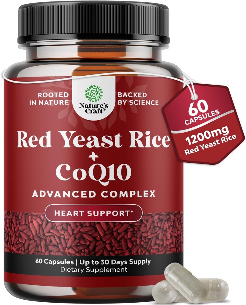 Red Yeast Rice with CoQ10 Supplement - Advanced Healthy Heart & Healthy Cholesterol Levels Formula for Men & Women - Extra Strength Capsule with Red Yeast Rice 1200 mg Capsles with CoQ10-60 Count