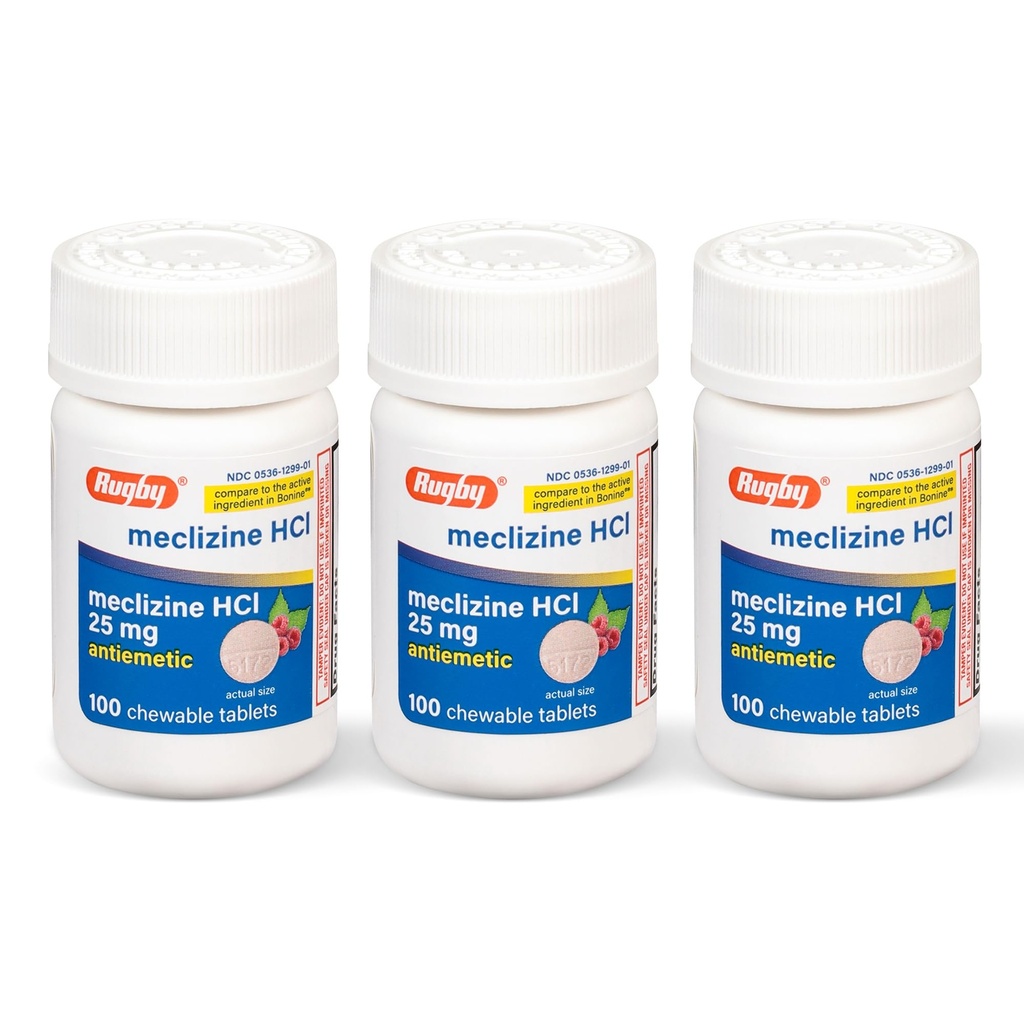 Rugby Meclizine Μασώμενα δισκία 25mg - Anti-Nausea Ιατρική βοηθά με την ασθένεια κίνησης - 100 κόμη (3 πακέτο)