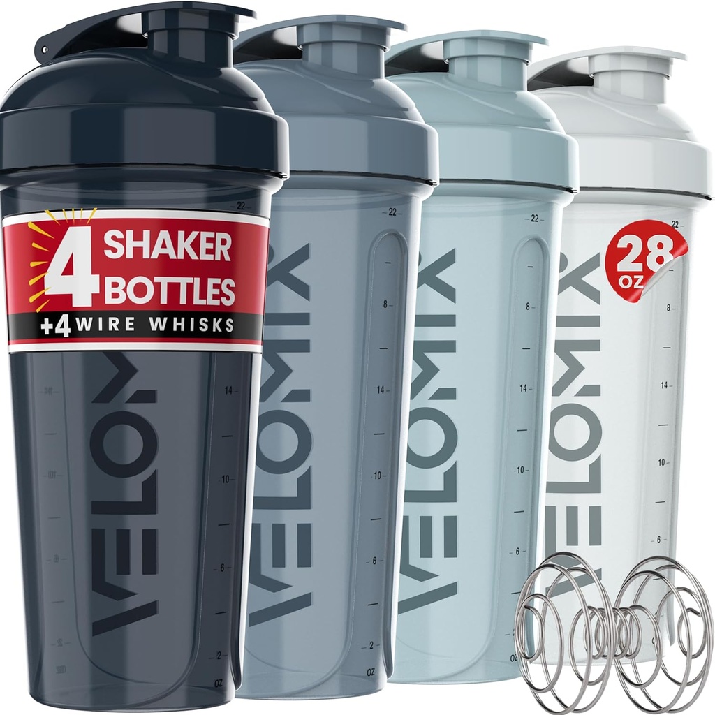 VELOMIX -4 PACK 28 Oz Protein Shaker Bottle for Protein Mixes - 4x Wire Whisk | Leak Proof Shaker Cups for Protein Shakes | Protein Shaker Bottle Pack | Protein Shake Cup (Aqua Depths)