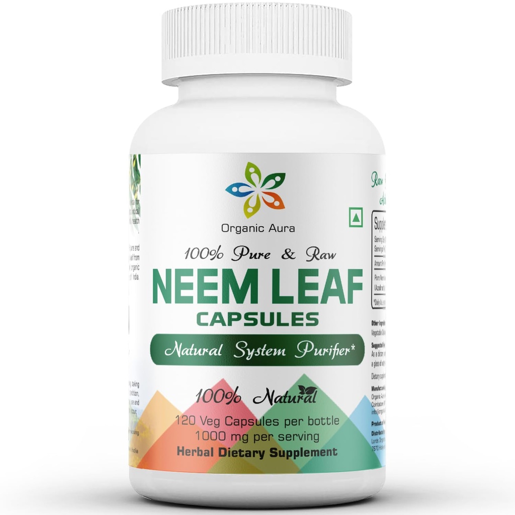 Organic Aura Neem Capsules. 100% Pure, Fresh and Safe. Made with Single Origin, Raw Whole Neem Leaves. Miracle Cleansing and Detoxifying herb. Helps Gut, Radiant Skin and Immunity.