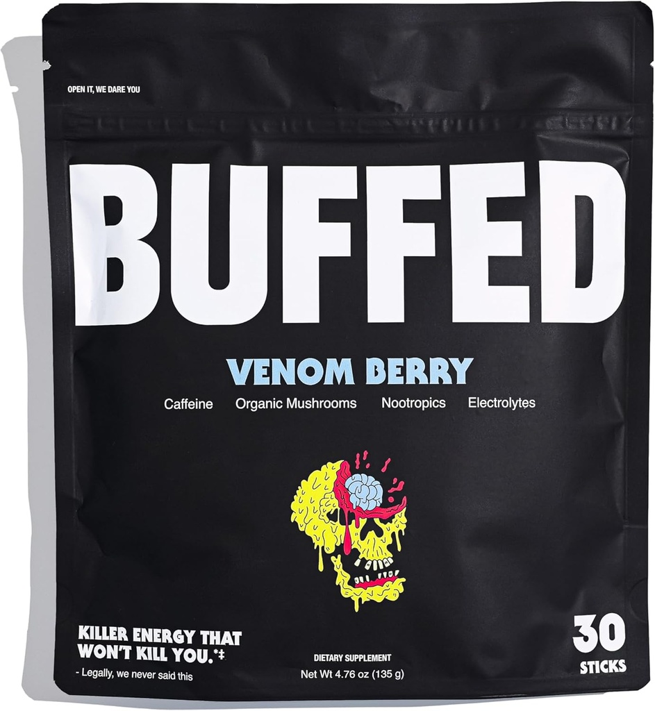 Energy Powder Stick Packs, Drink Mix | Clean, Healthy Boost Packets | 150mg Caffeine + Hydration | Nootropics, Organic Mushrooms, B-Vitamins, Electrolytes | 30 Pack-Venom Berry