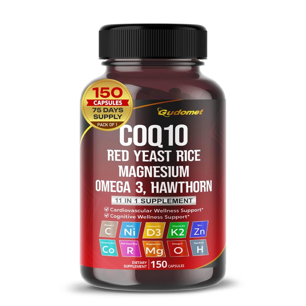 Συνένζυμο Q10 (Ubiquinone) Κόκκινο Ρύζι Hawthorn Omega 3 Βιταμίνη C Νιακίνη Ψευδάργυρος Βιταμίνη K2-150 Κάψουλες- Κατασκευασμένες στις ΗΠΑ
