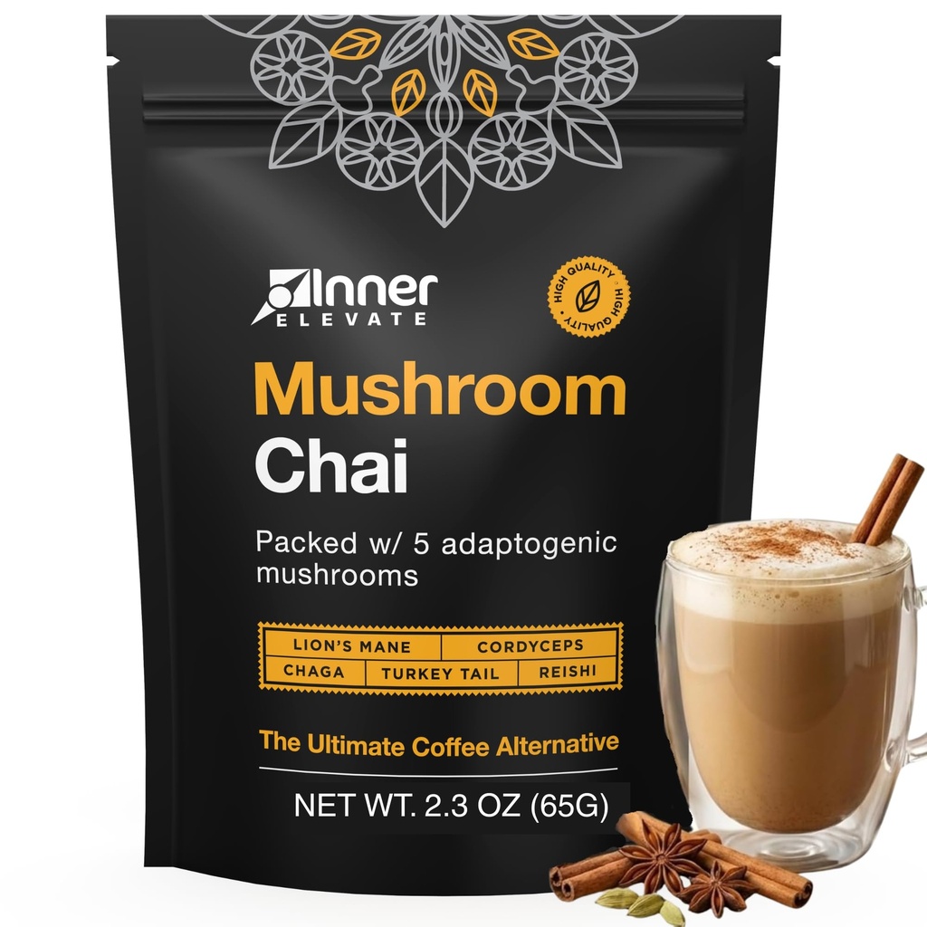 Inner Elevate Superfood Mushroom Chai - Ultimate Coffee Alternative - Adaptogenic Mushroom Tea Drink with Lion's Mane, Cordyceps, Chaga, Reishi, Turkey Tail (35 Servings)