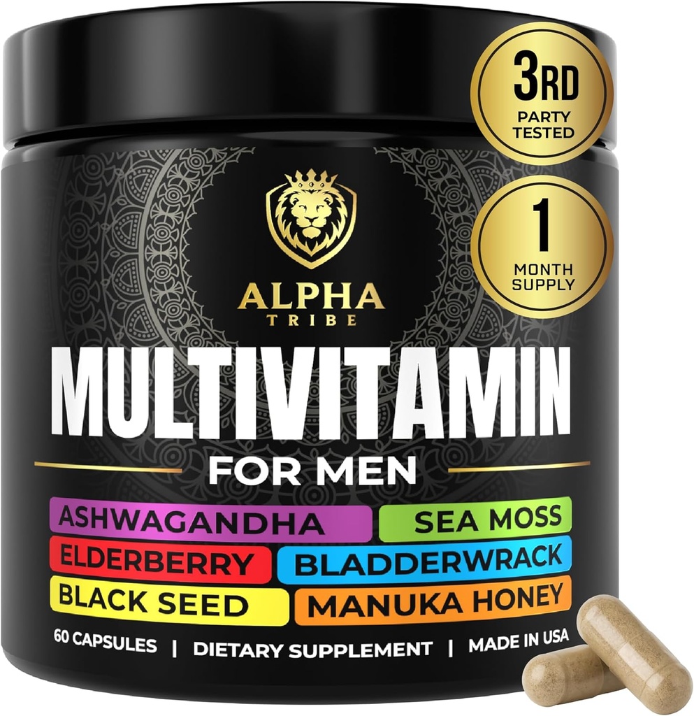 Alpha Tribe Multivitamin for Men with Seamoss Black Seed Oil Ashwagandha Burdock Root, Turmeric Bladderwrack, Vitamin C, Elderberry, Manuka, Yellow Dock | Daily Men's Vitamins and Minerals Supplement