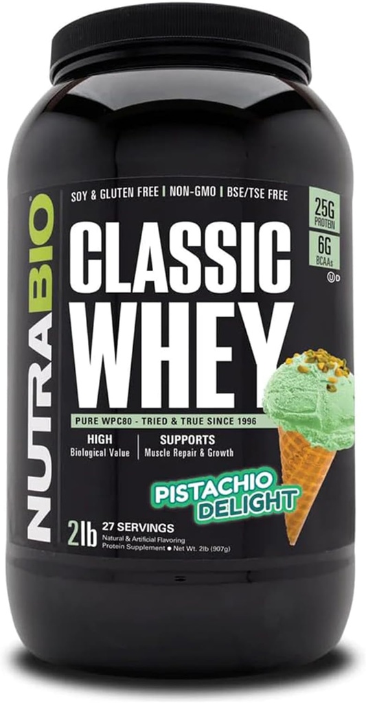 NutraBio Classic Whey Protein Powder- 25G Protein Per Scoop - Full-Spectrum Amino Acid Profile - Χωρίς πληρωτικά, τεχνητά χρώματα, συντηρητικά - (Pistachio Delight, 2 Λίρες)