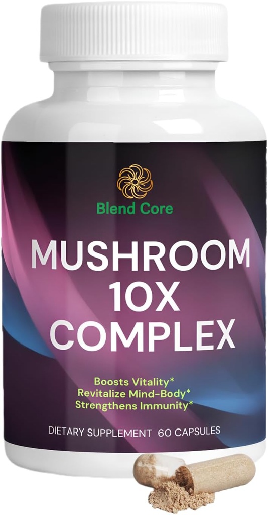 Mushroom 10X Complex - Lions Mane, Reishi, και Cordyceps - Συμπλήρωμα για τη φυσική ενέργεια & το άγχος ανακούφιση - ανοσοενίσχυση - Focus & Memory - Natural & Non-GMO