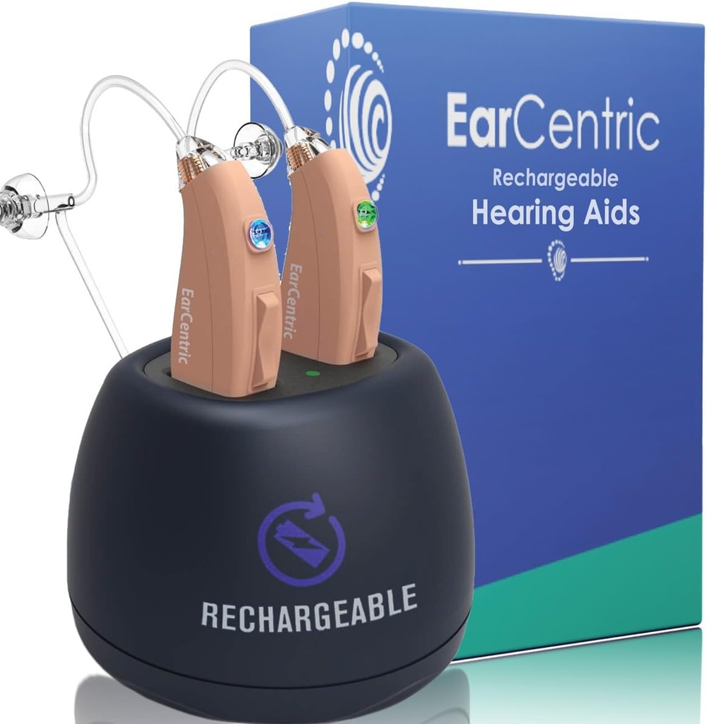 EarCentric EasyCharge Recharge Recharge Βοηθήματα Ακρόασης ( Ζεύγος) για Seniors, Behind-The-Ear BTE Ear Aid PSAP ψηφιακές συσκευές ατομικής ενίσχυσης ήχου με Ακύρωση θορύβου (Beige)