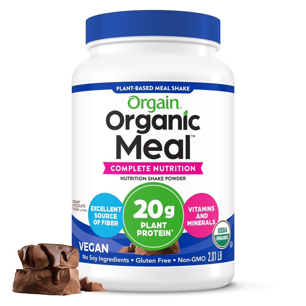 Orgain Organic Vegan Meal Replacement Protein Powder, Creamy Chocolate Fudge - 20g Πρωτεΐνη με βάση το φυτό, Χωρίς γλουτένη, Χωρίς γαλακτοκομικά, Χωρίς λακτόζη, Χωρίς σόγια, Χωρίς ζάχαρη Προστέθηκε, Για Smoothies & Shakes - 2,03lb