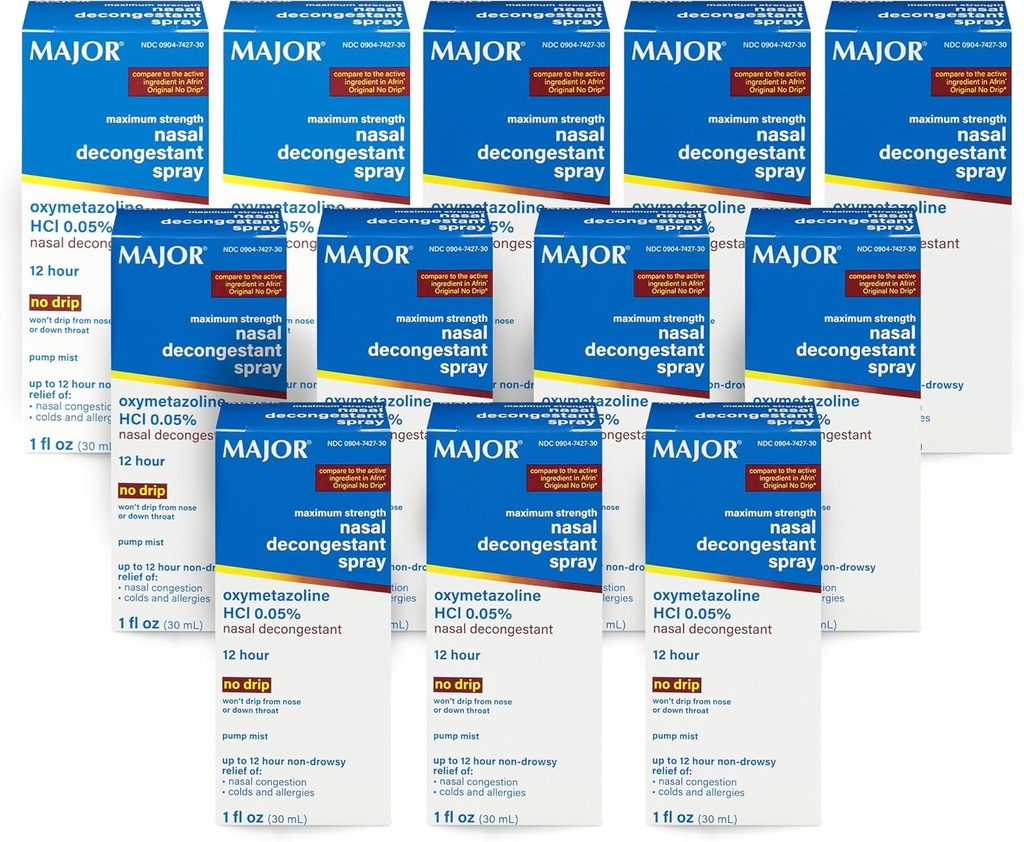 MAJOR Μέγιστη δύναμη Nasινικό αποσυμφορητικό spray, Oxymetazoline HCl 0,05% Pump Mist, Non-Drowsy Nasινικό spray, έως 12 ώρες ανακούφιση από Nasνική συμφόρηση, κρυολογήματα, και Αλλεργίες 1 Fl. Oz. (12-Pack)