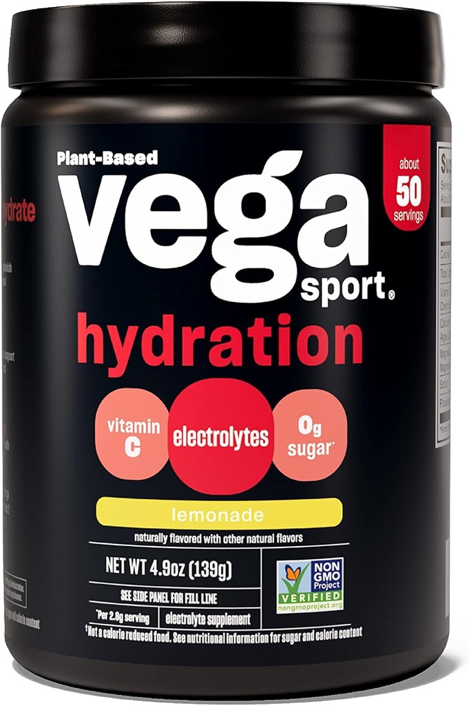 Vega Sport Hydration Electrolyte Powder, Lemonade - Μετά την αποκατάσταση προπόνηση ποτό για γυναίκες και άνδρες, βιταμίνη C, Vegan, Keto, Χωρίς ζάχαρη, χωρίς γαλακτοκομικά, χωρίς γλουτένη, μη ΓΤΟ, 4,9 oz