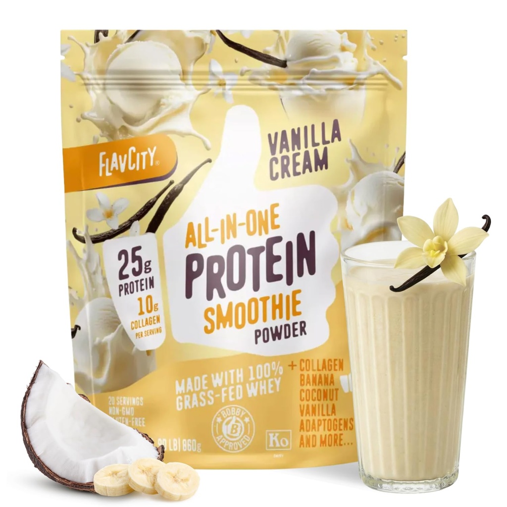 FlavCity Grass Fed Whey Protein Powder - Vanilla Smoothie - 25g πρωτεΐνη & 10g κολλαγόνο - Κατασκευασμένο με Real Vanilla Bean & Organic Coconut Milk - Χωρίς γλουτένη & Χωρίς πρόσθετα σάκχαρα (20 μερίδες)