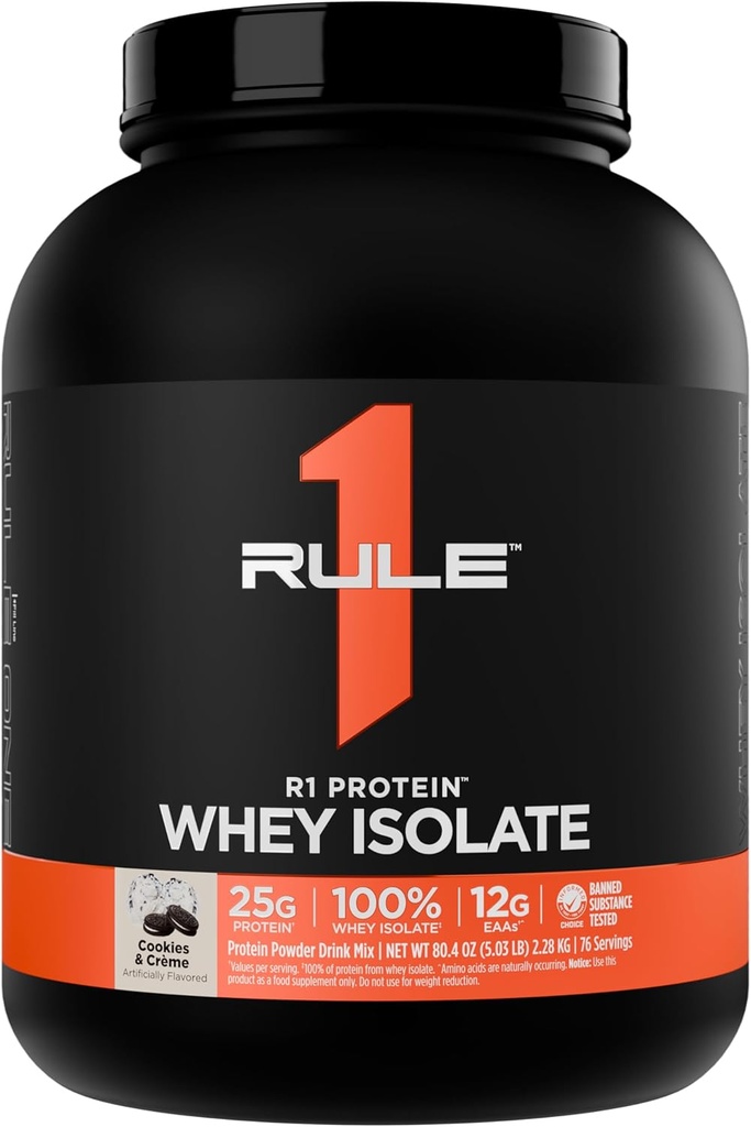 Rule 1 R1 Protein Whey Isolate - with 25g Protein & 6g BCAA Exclusively from Isolated & Hydrolyzed Sources for Workout Recovery (5 Pounds*, Cookies & Crème)