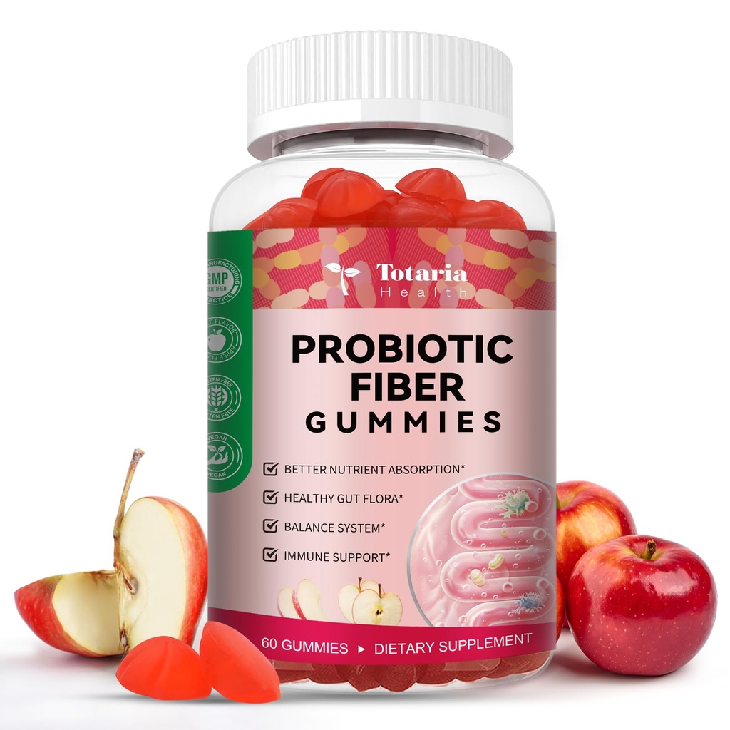 Totaria 9-σε-1 Probiotic Fiber Gummies for Adults & Teens 16G Fiber per Serving, Psyllium Fiber Supplement with 5 Billion CFU Bacillus Coagulans, Inulin, ACV for Digestive & Gut Wellness - 60 Gummies