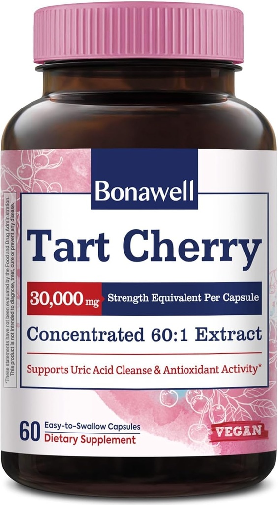 Bonawell Tart Cherry Κάψουλες 60:1 εκχύλισμα, 30000mg δύναμη, Φτιαγμένα από Montmorency Tart Κεράσια, Ισχυρή καθαρισμού ουρικού οξέος, 2 Μήνες προμήθεια, 60 κάψουλες
